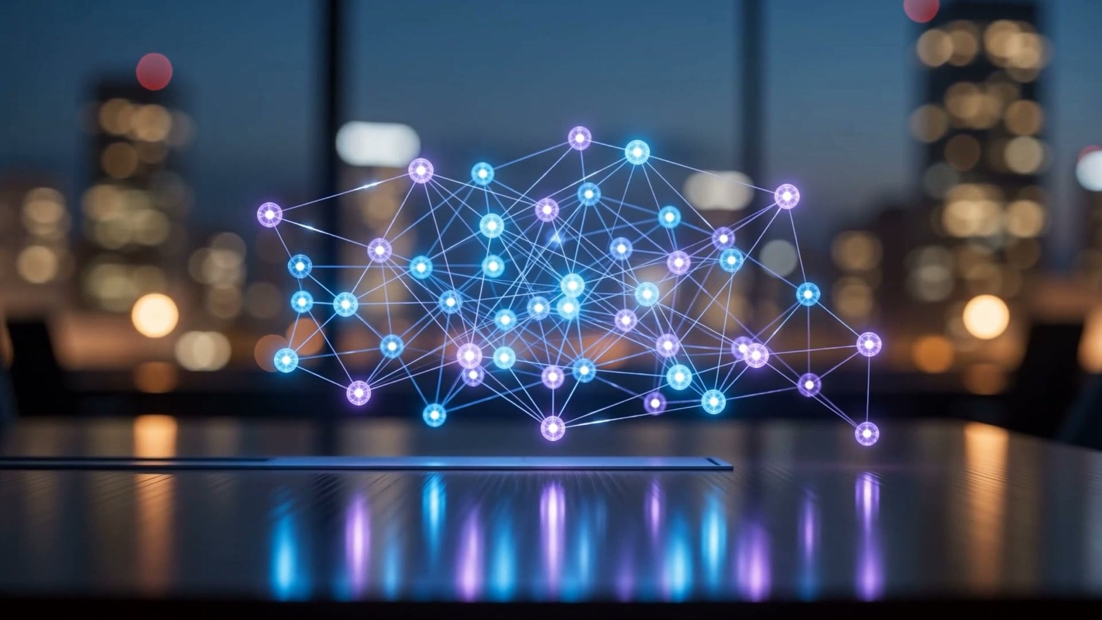 A glowing network of connected nodes over a desk, illustrating multiple AI agents working together
