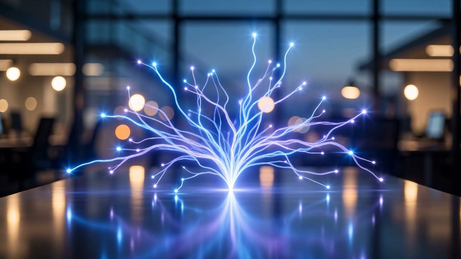 Soft ribbons of light branching outward across a collaborative office, illustrating AI training and adoption spreading across a team