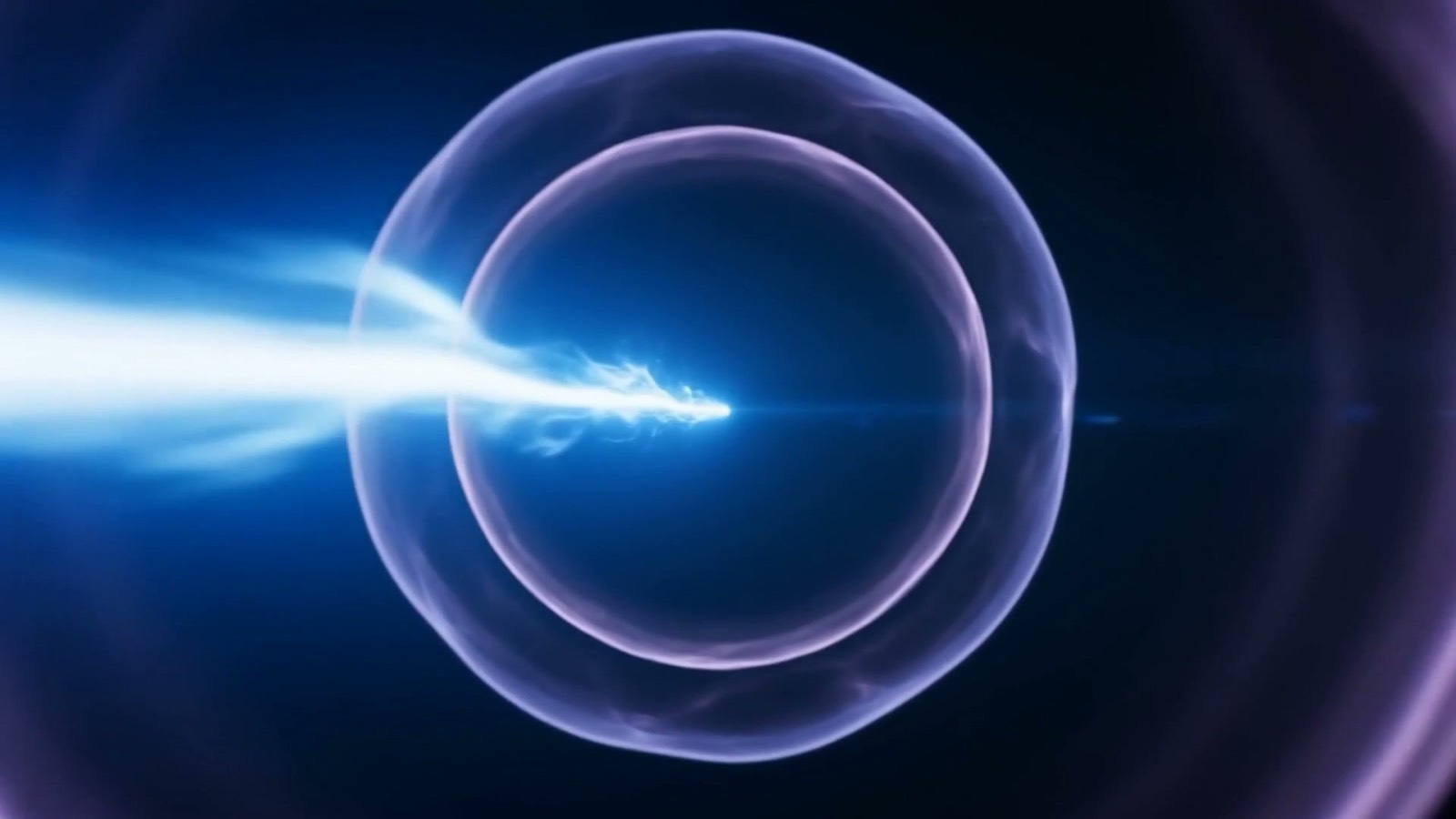 A focused beam of electric blue light passing through concentric protective rings, illustrating identity and access controls securing an AI agent
