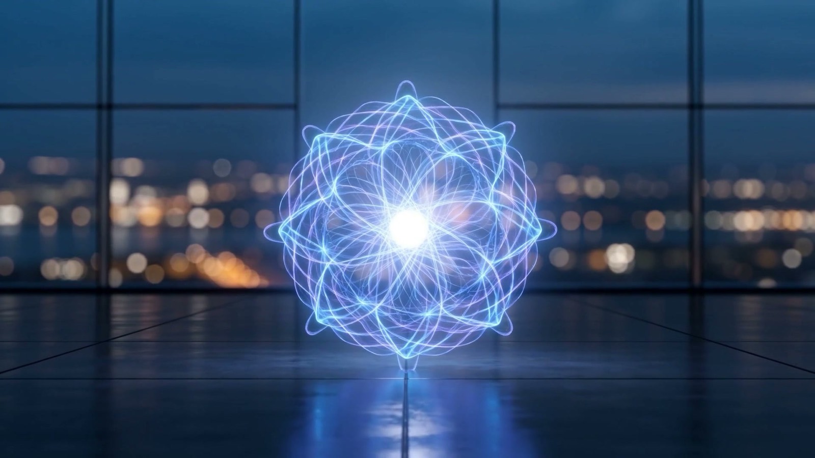 Fine threads of blue and violet light weaving into a protective lattice around a bright core, illustrating a security perimeter around an AI agent