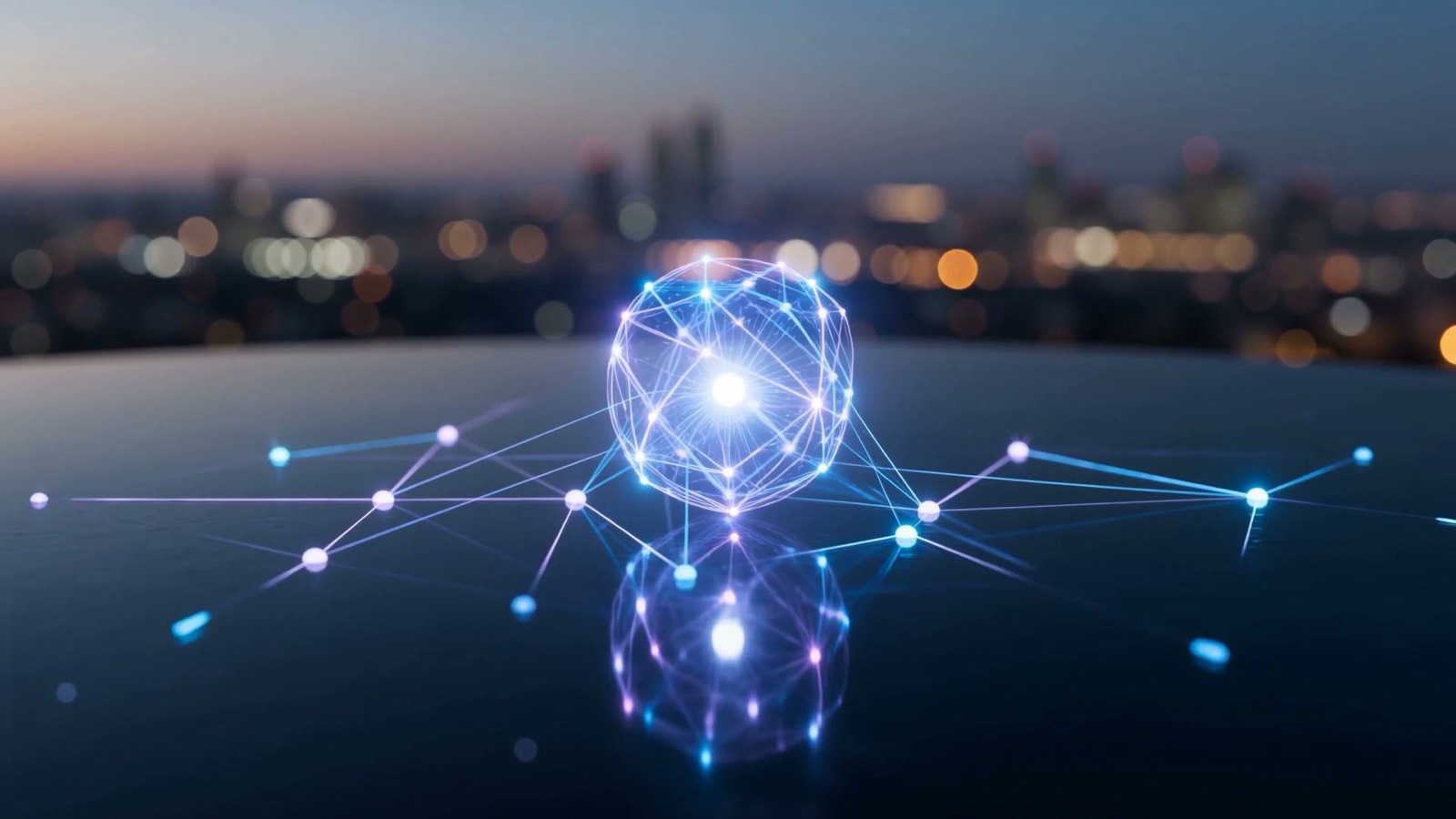 Threads of blue and violet light streaming along connected waypoints, with stray threads intercepted and a protective lattice forming around a bright core, illustrating monitored and secured AI agents