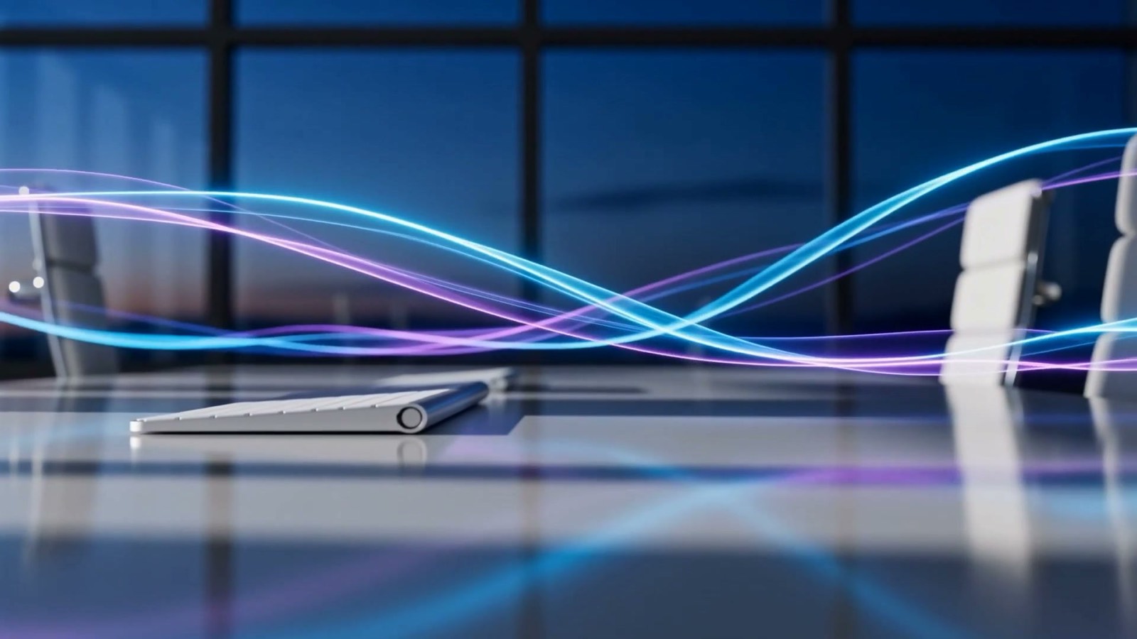 Flowing streams of light across a polished desk, illustrating AI workflow automation